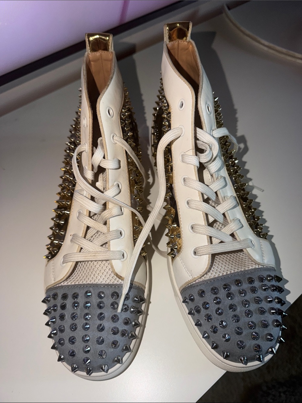 Christian Louboutin Cream and Gray High-Top Spike Sneakers